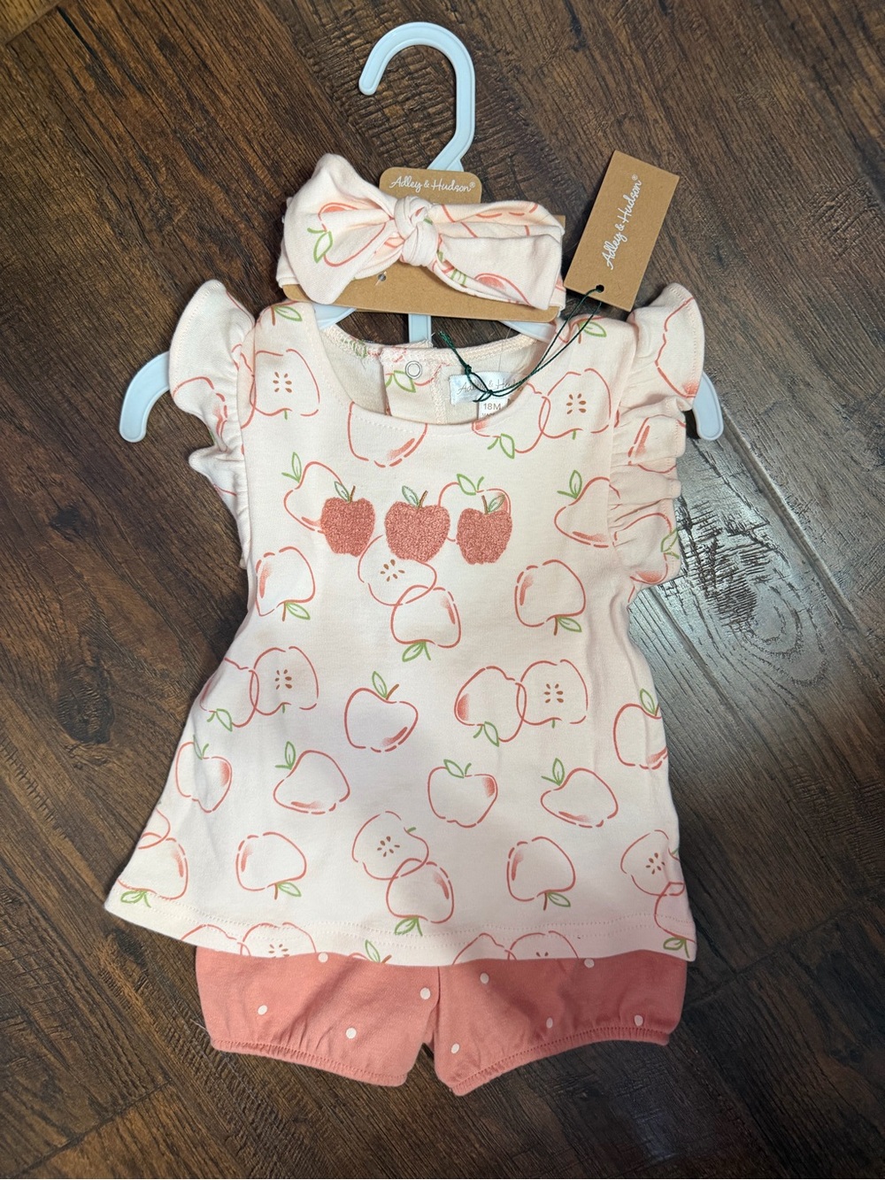 🍎Bon Bebe Peachy Pink Apple Print Baby Outfit with Headband🍎